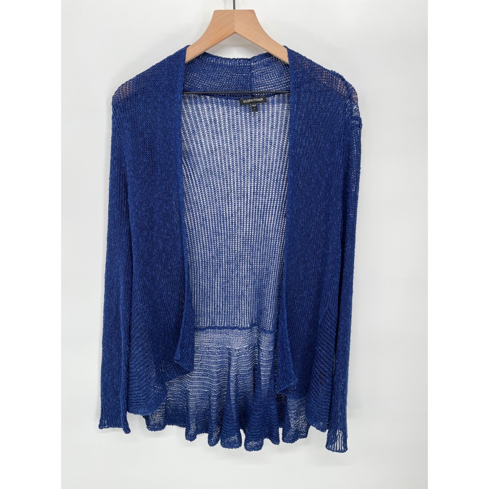 Eileen Fisher Cardigan Womens L Royal Blue Linen Blend Open Mesh Peplum Knit
